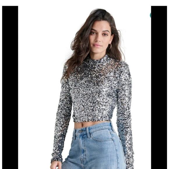 DKNK Tops - NWT $99 DKNY Silver Sequence Crop Top Size Small